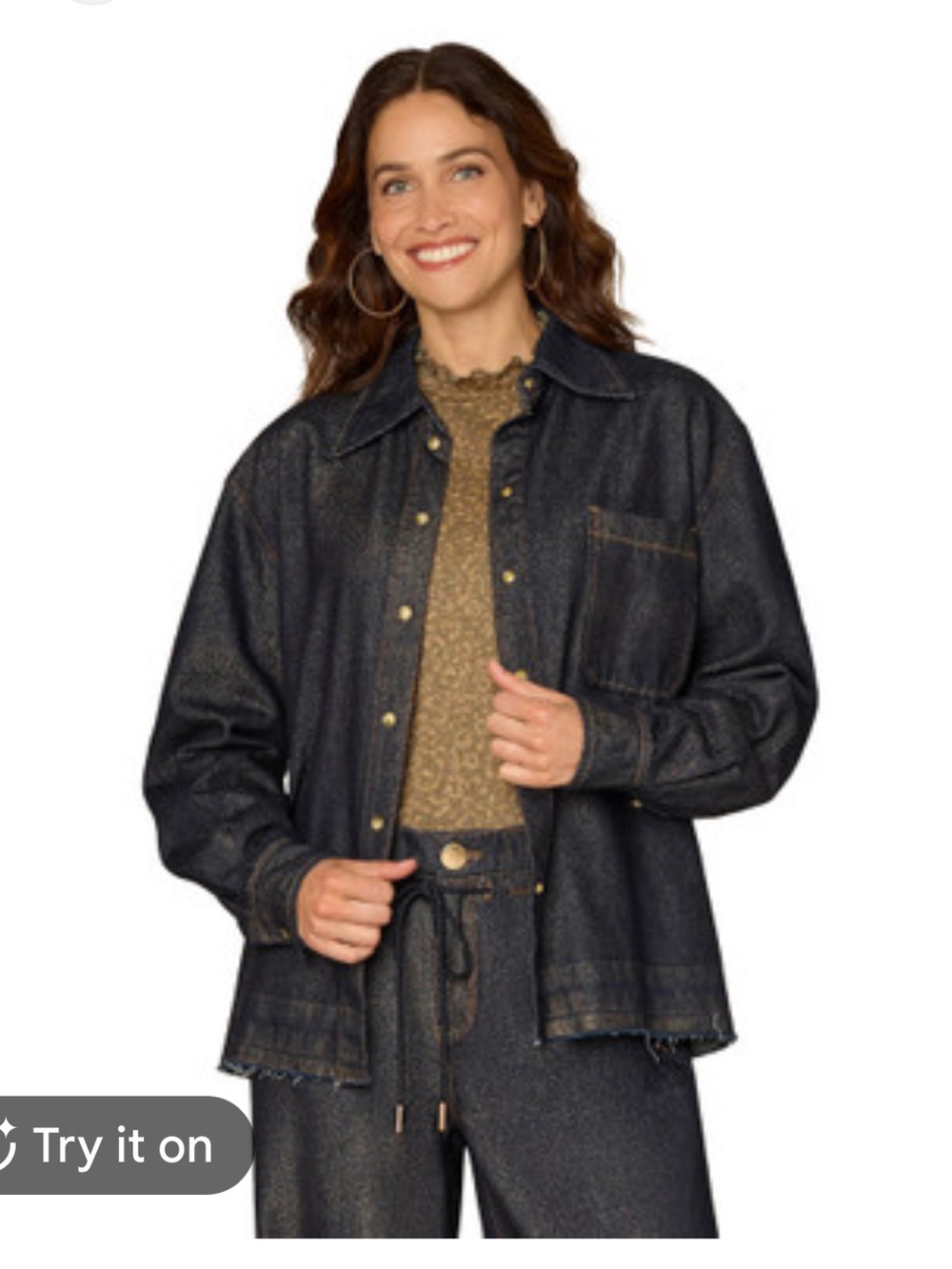 Democracy Dark Indigo Metallic Denim Shacket Shirt Jacket Western Raw Hem XL NWT